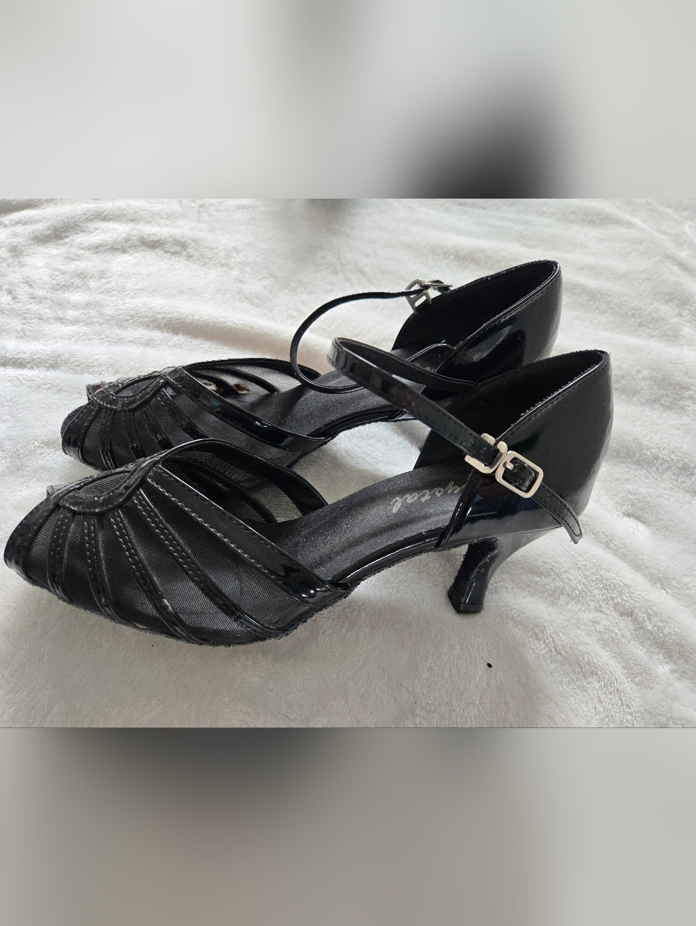 Crystal Black Patent Strappy Mid-Heel Dance Shoes with Ankle Buckle